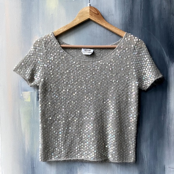 Moschino Tops - Vintage 90's MOSCHINO Gray Sequin Mohair Crop T-Shirt